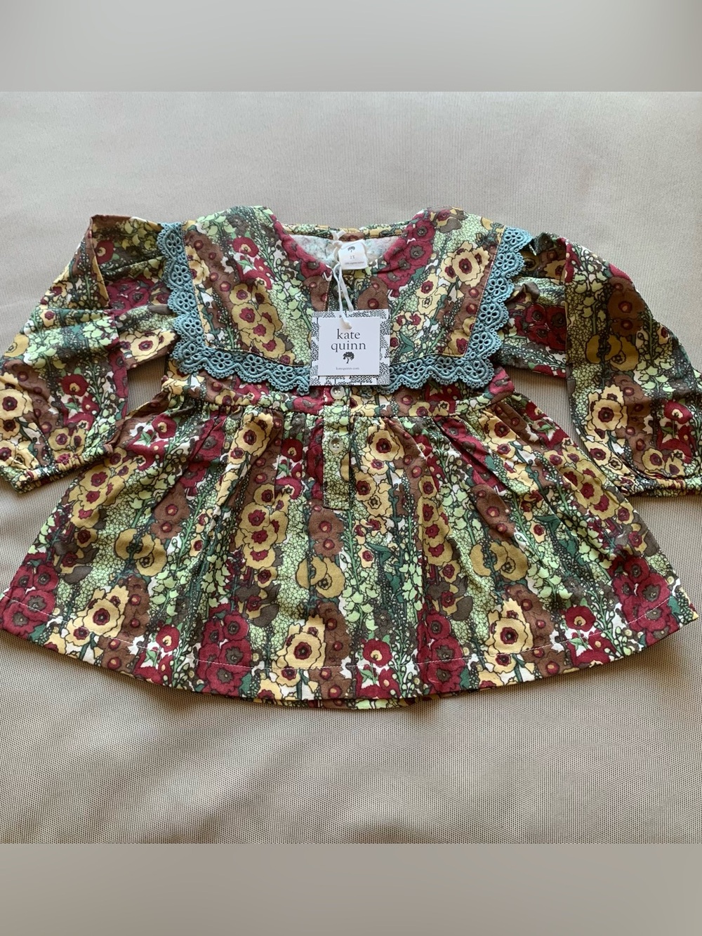 kate quinn Green, Burgundy & Mustard Floral Lace-Trim Green Hollyhock NWT Size 2
